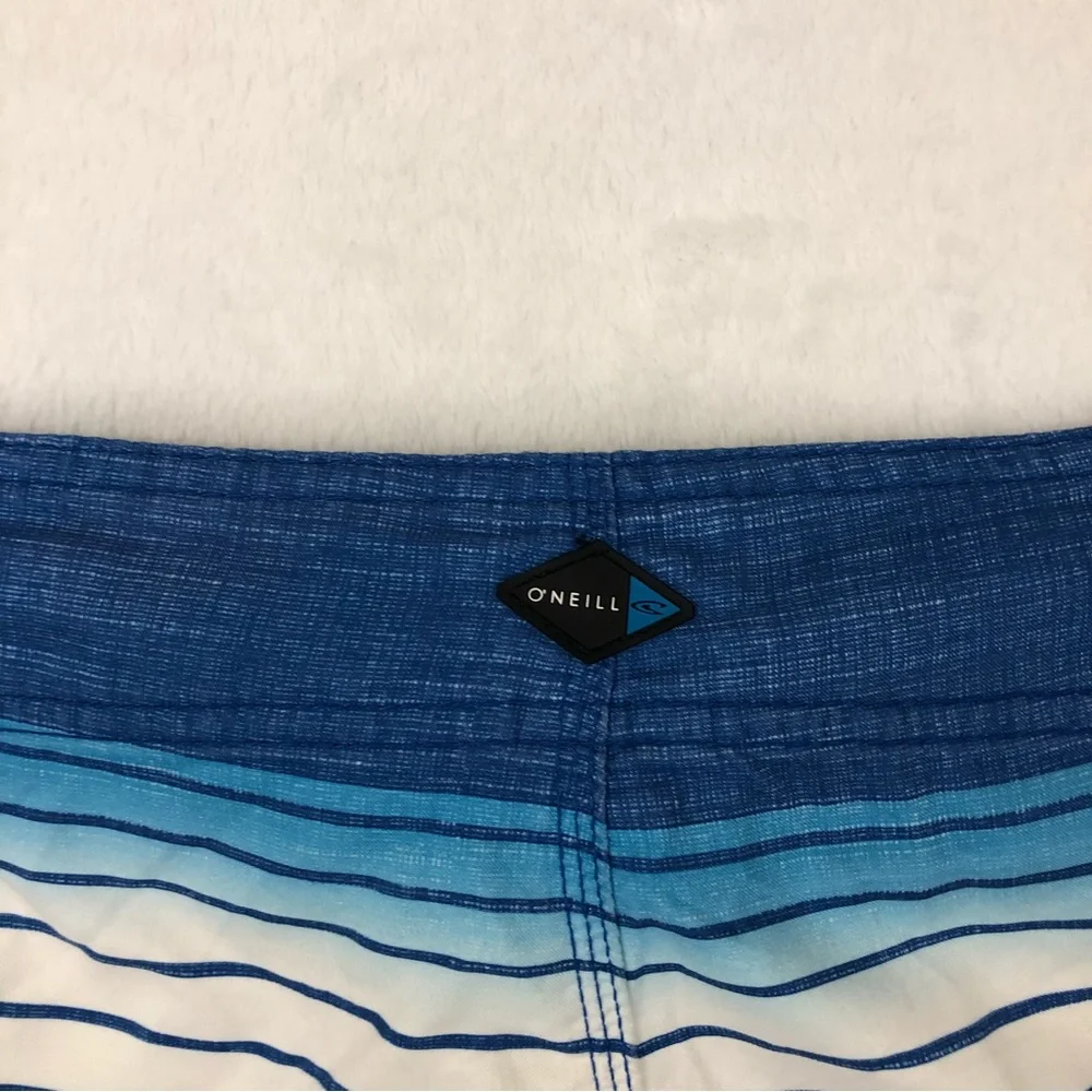 O’Neill Surf Blue Green White Striped Pool Board Shorts Swim Trunks Mens Size 34